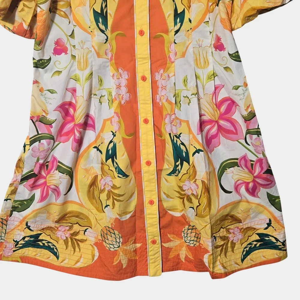 FARM Rio Tropical Floral Puff Sleeve Button Front Mini Dress L Resortwear NWT - Picture 3 of 13